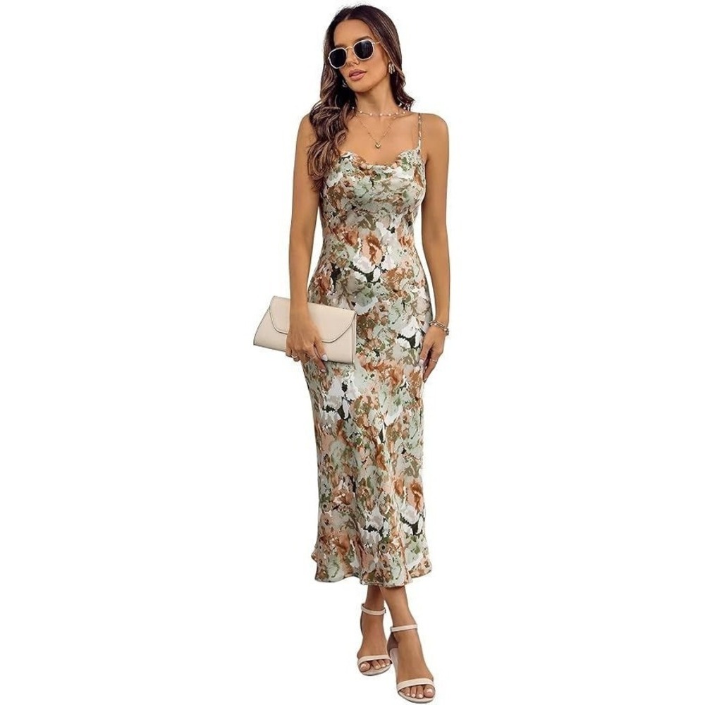 Atulewhi Women's Spaghetti Strap Midi Satin Cowl Neck Slip Dress - Green - M